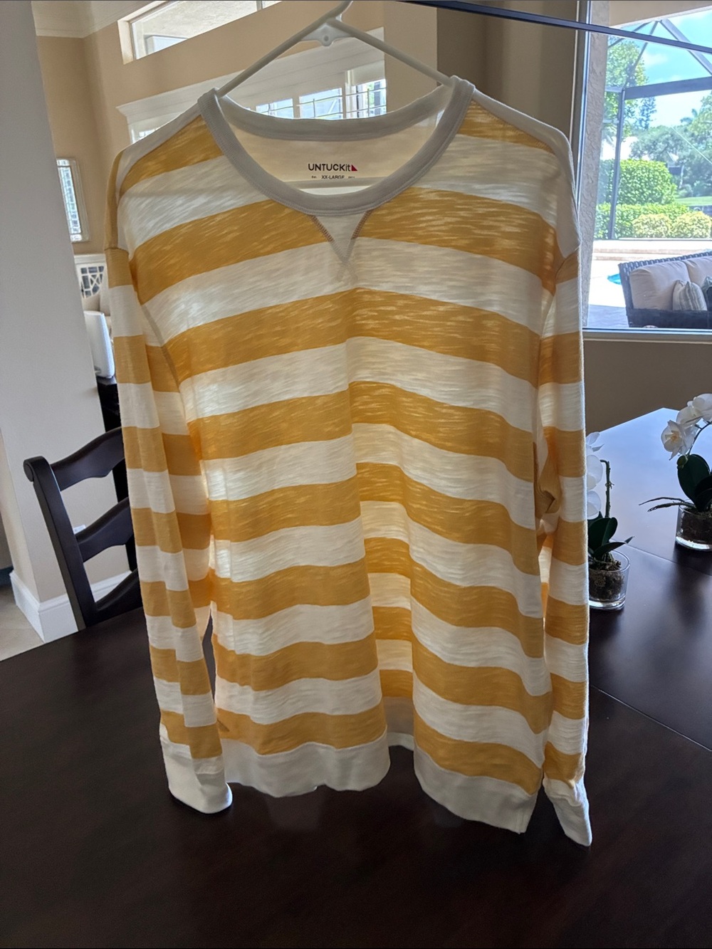 UNTUCKit Men's Yellow and White Striped Crewneck Sweater